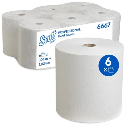 Image of Scott rolled paper towels 6667 Roll towel for dispenser 6 x 304 m rolls White, 1 ply, extra absorbent and tear resistant