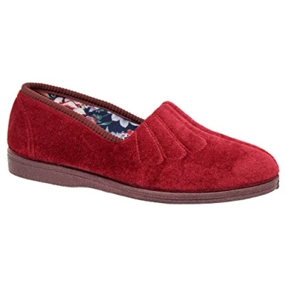 Image of Ladies Sleepers Wine Velour Wide Fit Slip On Slippers (7)