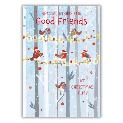Image of Good Friends Christmas Card Festive Robins and Lights Artistic Design Special Finish Illustrated Insert Leaf Made in the UK Eco Friendly
