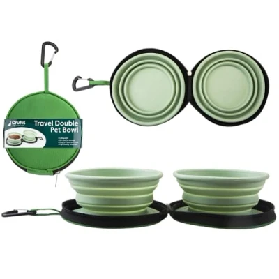 Image of Green Double Travel Pet Bowl in Zip Case with Hook 1 Piece Portable &amp; Convenient, Perfect On the Go Feeding and Hydration
