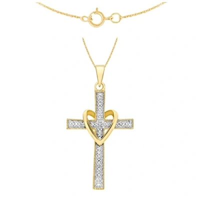 Image of Carissima Gold Women&#039;s 9 ct Yellow Diamond and Heart Cross Pendant on 0.4 mm Prince of Wales Chain Necklace Length 46 cm/18 Inch