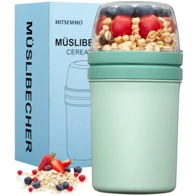 Image of Mitsemmo Cereal Cup On The Go,600ml+270ml Breakfast Pots to Go,Yogurt and Granola Pot,Muesli Travel Bowl Milk Container for Work,Overnight Oats Jar with Lid &amp; Spoon(Nordic Green)