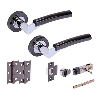Image of HANDLEZONE® Raida Bullet Privacy Door Handle Latch Pack, Complete with Lever On Rose Handles, Latch, Ball Bearing Hinges Dual Finish Black Nickel/Polished Chrome