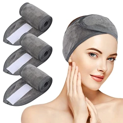 Image of KinHwa Spa Facial Headband Adjustable Towel Make Up Wrap Head Band for Face Washing, Shower, Yoga Sports 3 Pack Gray