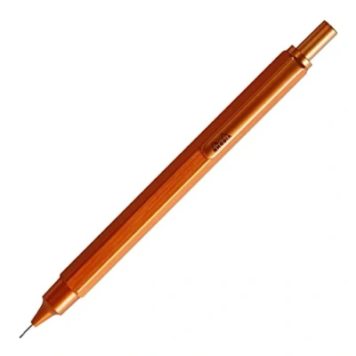 Image of RHODIA 9398C scRipt Mechanical Pencil Hexagonal Body in Brushed Aluminium Orange for Standard 0.5 mm Graphite Leads, Retractable Steel Barrel, Eraser Under the Push Button Collection