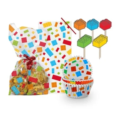 Image of Anniversary House Building Blocks Cake Decorating and Treat Bag Kit, 60 Cupcake Cases, 10 Toppers 20 Bags, Party Decorations, AMZ020