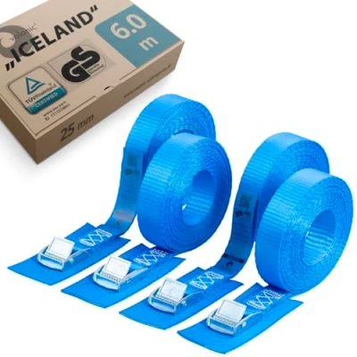 Image of valonic ICELAND tie down straps 4 pack, 6m, TÜV Rheinl. / GS certified, EN 12195 2, 250Kg, protection pad, cam buckle for roof and bike rack, kayak, motorcycle black