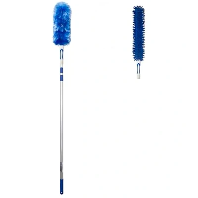 Image of WinHux® 3.4 Metre (137&quot;) Extra Long Reach Extendable Feather and Chenille Duster Set Telescopic Handle, Bendable Washable