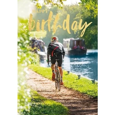 Image of Abacus Cards Male Birthday Card General for Men/Boys Cyclist on Tow Path with Embossed Gold Foil Eco Friendly &amp; Recyclable