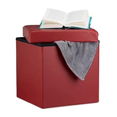 Image of Relaxdays Folding Ottoman 38 x cm Sturdy Storage Chair Pouf and Footstool, Faux Leather Box, Removable Lid, Dark Red