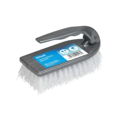 Image of Elliott Iron Shaped Scrubbing Brush with Curved Grip Handle, Durable hard synthetic plastic fibres, Ergonomic shape ideal for deep cleaning, BPA free in a Silver colour