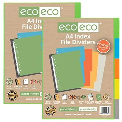 Image of eco A4 50% Recycled Multipunched Reinforced Colour Set 5 Subject Index File Dividers 200mic (Pack of 2)