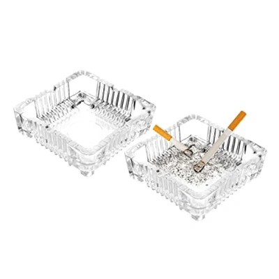 Image of Square Cut Glass Ashtray Clear Set of 2 Cigarette Smoker Ash Tray Stackable Home Bar Pub