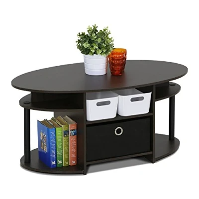 Image of Furinno JAYA Simple Design Oval Coffee Table with Bin, Walnut