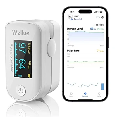 Image of Pulse Oximeter, Bluetooth Finger Clip Blood Oxygen Saturation Meter, Portable Fingertip SPO2 Level Health Monitor, White
