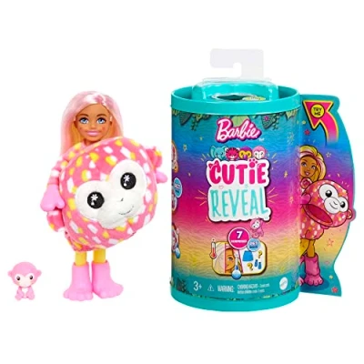 Image of Barbie Small Dolls and Accessories, Cutie Reveal Chelsea Doll with Monkey Plush Costume &amp; 7 Surprises Including Color Change, Jungle Series, HKR14