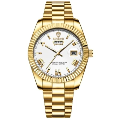 Image of JewelryWe Men Luminous Quartz Watch: Filigree Work Bezel Waterproof Analog Roman Numerals Day and Date Function Stainless Steel Strap Wristwatch