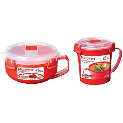 Image of Sistema Microwave Healthy Breakfast Porridge Cereal Bowl, 850 ml and Soup Mug 656 Bundle Red/Clear