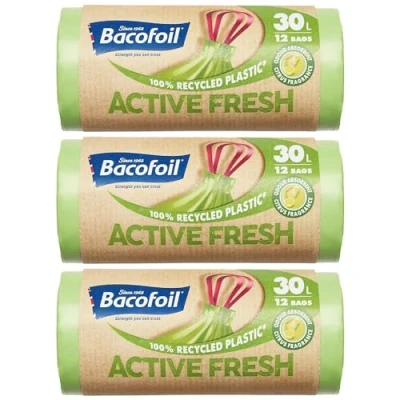 Image of Bacofoil Active Fresh Bin Liners with Drawstring Handles 30L Leak Proof Bag a Citrus Fragrance to Prevent Odours (3 Rolls, 36 Bags)…