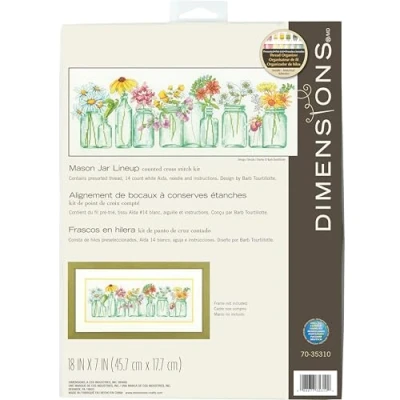 Image of Dimensions Counted Cross Stitch Kit Mason Jar Lineup 70 35310 Arts and Crafts for Adults 14 count Aida 18 x 7 inch