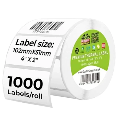 Image of Double Dragon, 1,000 Direct Thermal Labels, 101mm x 50.4mm (4“ 2), Premium Coated, Self Adhesive, for Zebra, MUNBYN Printers