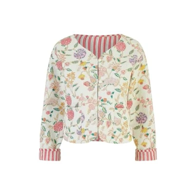 Image of Yumi Womens White Floral Print Reversible Cotton Cropped Quilted Jacket Size 16 UK