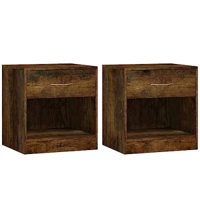 Image of vidaXL Bedside Cabinets with Drawer Modern Nightstands in Smoked Oak Finish, Engineered Wood, Ample Storage, Smooth Surface, Ideal for Bedroom, Brown
