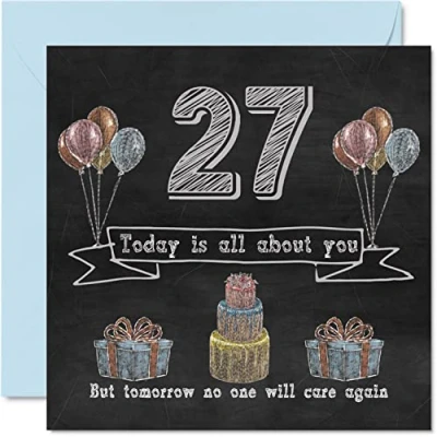 Image of Funny 27th Birthday Cards for Men Woman Chalk Blackboard Happy Card Nephew Daughter Son Sister Brother Auntie Niece Uncle Cousin, 145mm x Humour Banter Greeting