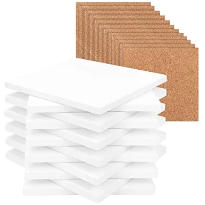 Image of Belle Vous 12 Pack Square White Ceramic Coasters 10 x 10cm / 3.94 Inches Unglazed Coaster Blanks Tiles &amp; Cork Backing Pads DIY Crafts, Acrylic Pouring, Alcohol Ink Art Projects