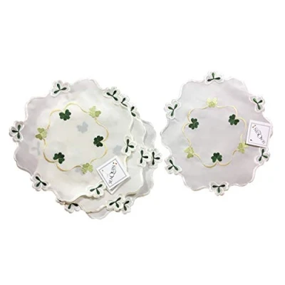 Image of Embroidered Shamrock Doilies Pack of 4 Scallop Edge Leaf Design Traditional Table Linen Doyleys (6&quot;)