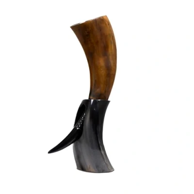 Image of Handicrafts Home Real Ox Horn Drinking with Stand Handmade Beer Viking Vessels