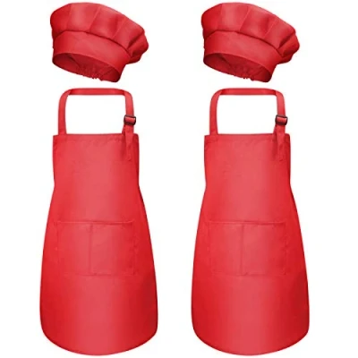 Image of 4 Pcs Red Kids Apron and Chef Hat Set, Adjustable Children Aprons with Pockets for Boys Girls, Kitchen Garden Bib Aprons, Toddler Baking Cooking Crafting Painting (M 3 6 Age)