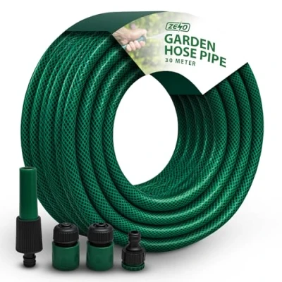 Image of ZENO Reinforced Garden Hose Pipe with Spray Nozzle Fittings, 30M Hose, Wear and Tear Resistant, Leak Burst Proof, Kink Free, Easy Storage
