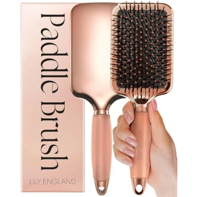 Image of Paddle Hair Brush for Detangling, Blowdrying and Straightening Large Women Kids with All Types Lily England Gel Handle Hairbrush: The Ideal (Rose Gold/Black)