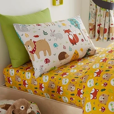 Image of Happy Linen Company Girls Boys Kids Woodland Friends Animals Taupe Standard Reversible Extra Pair Of Pillow Cases