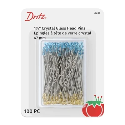 Image of Dritz Quilting Crystal Glass Head Pins Size 30 100/Pkg, Alloy Steel, Blue and Yellow, 1 7/8 inch