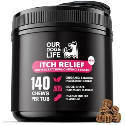 Image of Itch Relief Supplement 140 Chews All Natural Organic Ridge Shape Itchy dog Skin relief, Healthy &amp; Coat Health Veterinarian Formulated Omega 3,6 9Chews Non GMO, No Fillers Gluten Free