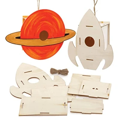Image of Baker Ross FE661 Solar System Wooden Birdhouse Kits Pack of 2, Wood Crafts to Decorate and Display, Garden for Personalised Arts Projects, Make Your Own Kids