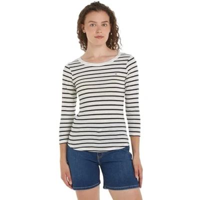 Image of Tommy Hilfiger 1985 SLIM SLUB OPEN Long sleeved top, Women&#039;s, Size: Medium, Breton ecru/desert sky