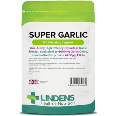 Image of Lindens Super garlic 6000mg High Strength Capsules 120 Pack potency odourless Extract, equivalent to clove in each one a day capsule, standardised provide 4200_g allicin