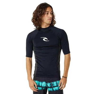 Image of RIP CURL Mens Waves UPF Performance Short Sleeve Rash Vest Top Black UV Sun Protection and SPF Properties