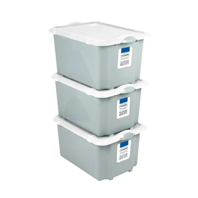Image of Addis 30 litre Eco Grey Plastic Unistore Storage Boxes Made in the UK from Recycled plastic, with clip lock lid and base, Pack of 3, tough reliable stackable nestable,