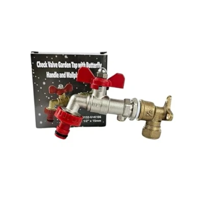 Image of Wärmer System Outside Garden Tap Wall Mounted with Check Valve and Wallplate Elbow Fixture, 1/2 inch (Garden Butterfly Handle Hose Connector)