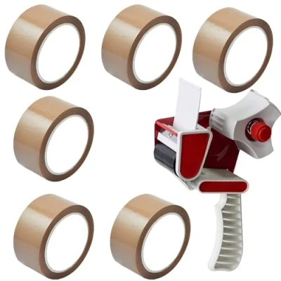 Image of Bargain House Heavy Duty Packing tape with Dispenser Gun for Parcel Boxes or General Purpose packaging rolls Moving House, Sealing Boxes, 48 mm x 80 (Brown, Pack of 6)