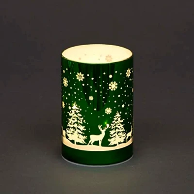 Image of SHATCHI 13cm Christmas Decorated Vase Table Lamp Etched Glass Tube Forest Scene Green Cylinder LED Fairy Lights Battery Operated