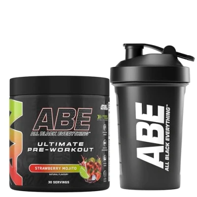 Image of Applied Nutrition Bundle ABE Pre Workout 375g + Black Shaker 400ml All Everything Powder, Energy Drink, Creatine, Beta Alanine, Caffeine (Strawberry Mojito)