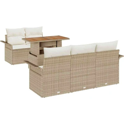 Image of vidaXL 6 Piece Garden Sofa Set with Cushions Beige Poly Rattan Acacia