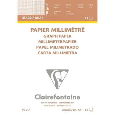 Image of Clairefontaine Ref 97135C White Vellum Graph Pad (50 Sheets) A4 (297 x 210mm) Sized, 90gsm Paper, Rulings, Sepia Front &amp; Blue Back, Smooth Surface