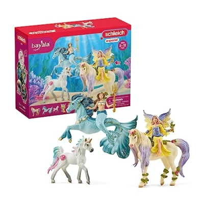 Image of schleich Bayala 72178 Fairy Feya, Mermaid Eyela, with Unicorn and Pony Playset 5 Piece Perfect Little Magic Colourful Princess Animal Enchanting Glow Power Toys Gift for Boys, Girls, Kids Ages 5+