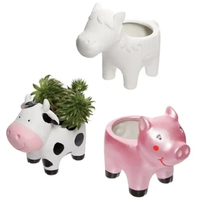 Image of Baker Ross FE548 Farm Animal Ceramic Flowerpots Box of 3, Paintable Creative Art and Craft Projects for Kids to Make, Personalise Decorate, white
